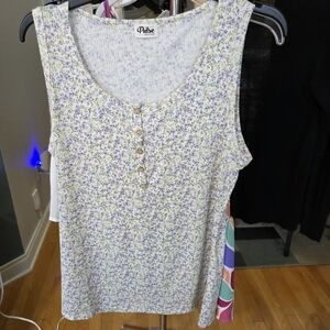 Floral Henley Tank Top - White with Lavender Print